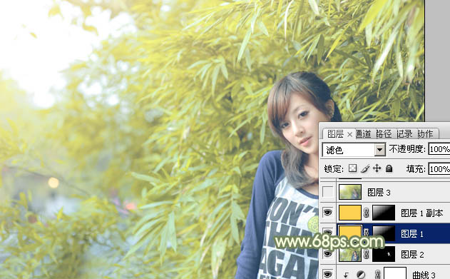 Photoshop为竹林边的美女加上甜美的淡调黄绿色