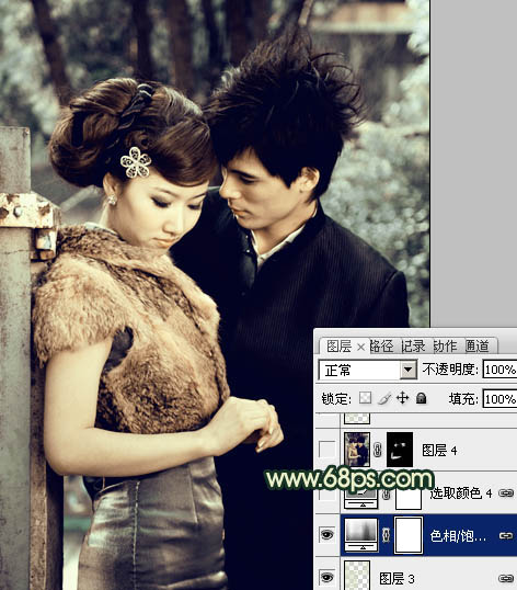 Photoshop给外景情侣图片调制出古典青黄色效果