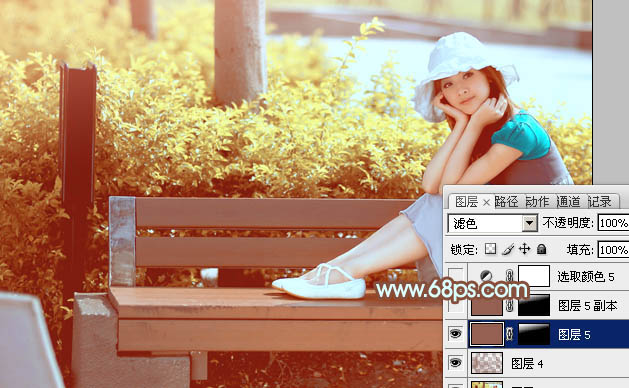 Photoshop为坐在公园椅子上的美女图片增加流行的韩系黄褐色