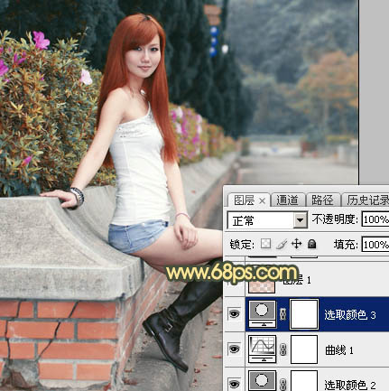 Photoshop为路边的美女加上暗调青黄色霞光色