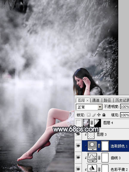 Photoshop使用图层样式打造唯美的古典淡蓝色树林人物图片