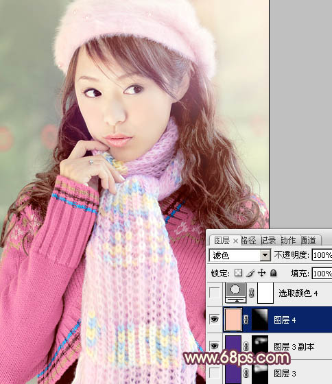 Photoshop将冬季美女图片加上淡紫蜜糖色效果