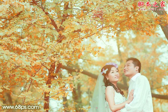Photoshop将树林婚片打造出柔美的橙绿色