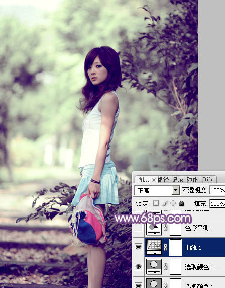Photoshop为树边的美女图片调制出古典梦幻中性紫色调