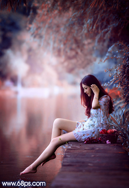 Photoshop调制出秋季蓝红色池塘边的美女