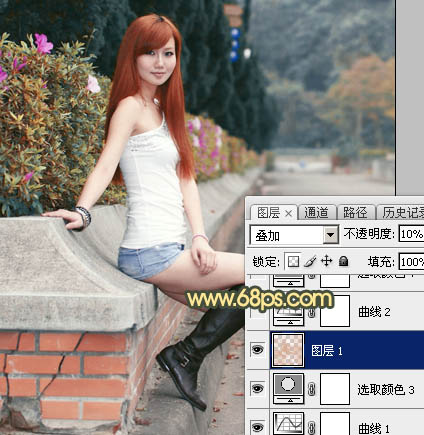 Photoshop为路边的美女加上暗调青黄色霞光色