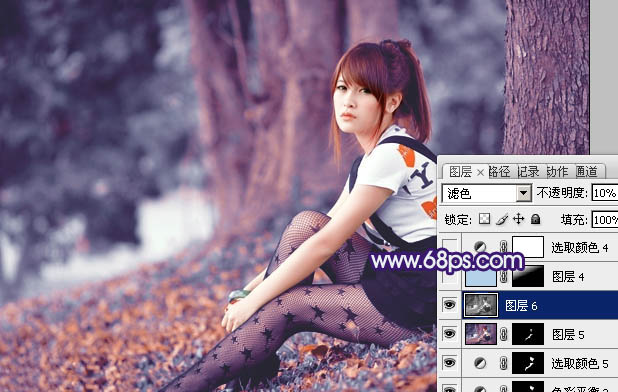Photoshop将树林人物图片增加上古典暗调蓝红色