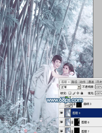 Photoshop为竹林婚片调制出梦幻复古的淡调青蓝色