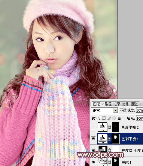 Photoshop将冬季美女图片加上淡紫蜜糖色效果