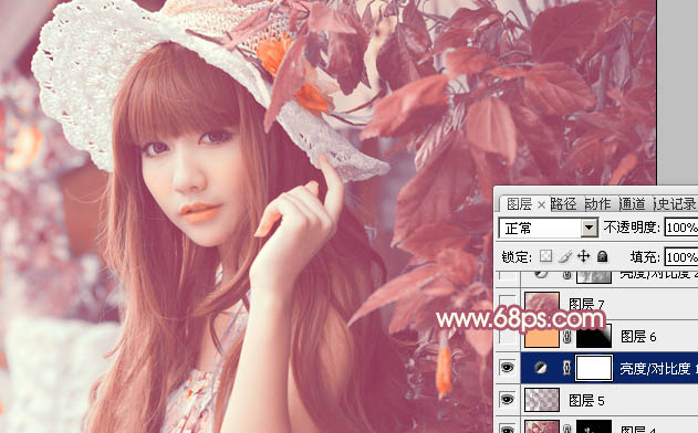 Photoshop将树叶下的美女图片增加上甜美的橙色效果