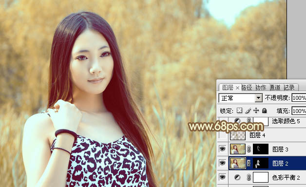 Photoshop为绿树边的美女调制出韩系暖褐色