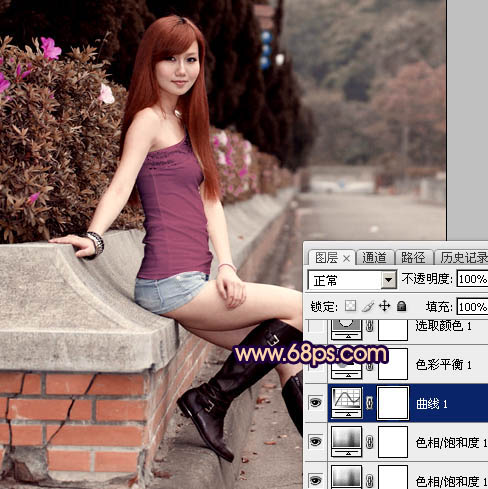 Photoshop为景区美女更换衣服颜色增加昏暗的高对比晨曦色