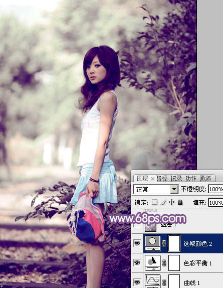 Photoshop为树边的美女图片调制出古典梦幻中性紫色调
