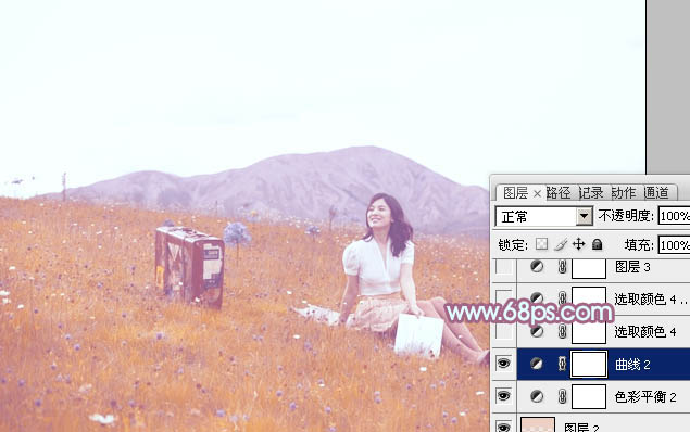 Photoshop将草地美女增加上淡淡的蓝红色