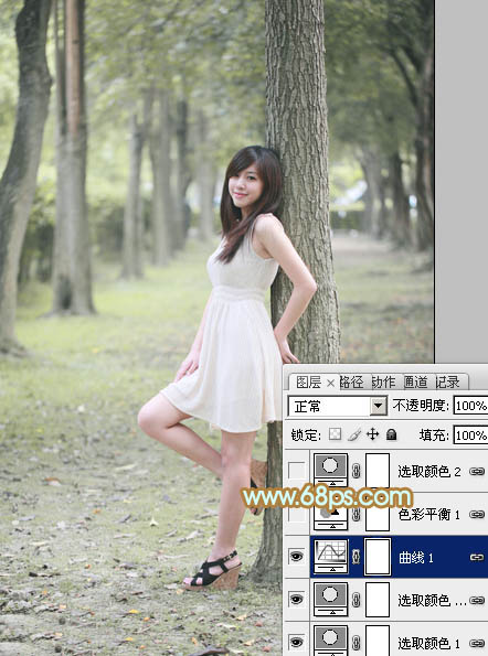 Photoshop将树林美女图片调制出柔和淡雅的黄绿色