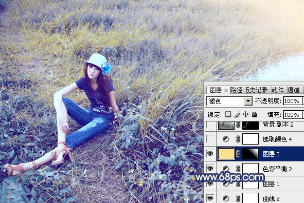 Photoshop将池塘边的人物图片调制成梦幻的蓝黄色效果