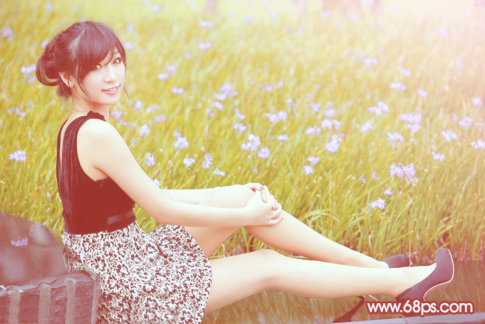 Photoshop为草地上的美女加上小清新的粉黄色