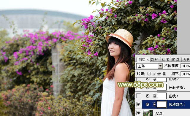 Photoshop将花草围墙边的美女图片调制柔和的韩系黄褐色