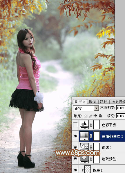 Photoshop给绿树中的人物加上唯美的秋季橙绿色