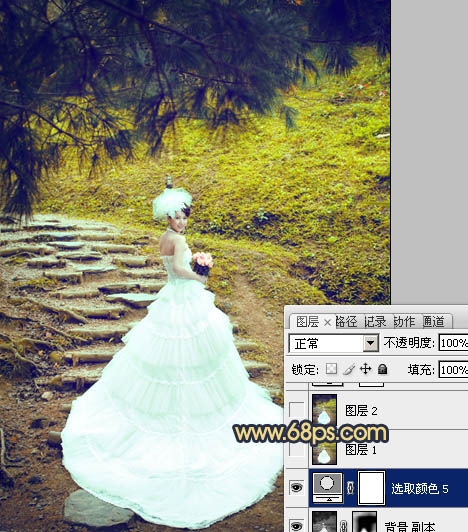 Photoshop将外景婚片调制出清爽的黄绿色效果