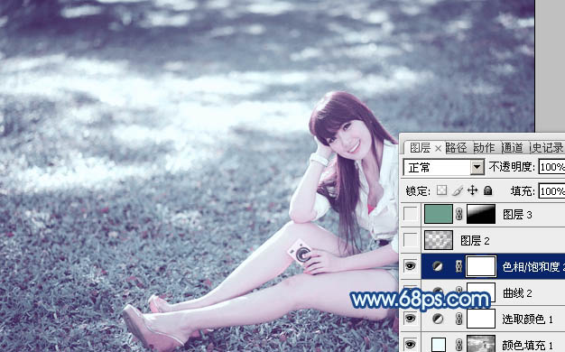 photoshop利用通道替换打造唯美的青蓝色草地美女图片