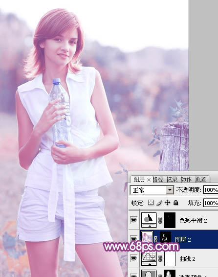 Photoshop将外景清纯美女图片增加上唯美的淡调蓝紫色效果