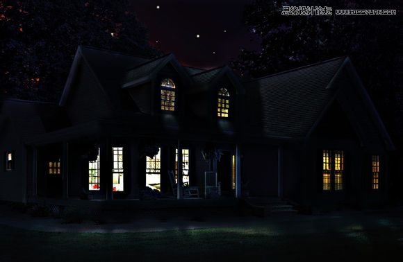 Photoshop把白天的别墅照片调成逼真的夜景效果
