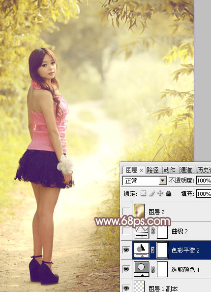 Photoshop为树林小路上的美女调制出唯美的秋季淡暖色
