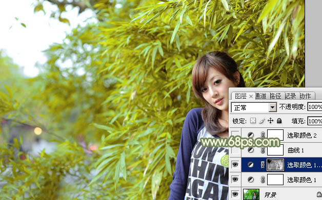 Photoshop为竹林边的美女加上甜美的淡调黄绿色