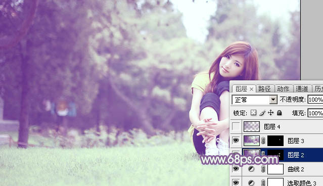 Photoshop将树林旁边草地上的美女图片增加柔和的绿紫色