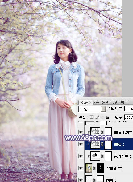 Photoshop为春季花木下的美女加上梦幻的粉紫色