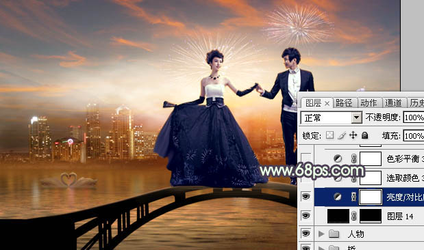 Photoshop合成制作站在拱桥上的华丽夜景婚片