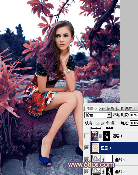 photoshop利用通道替换为树林美女图片加上古典红蓝色