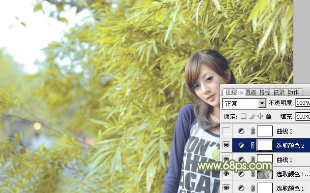 Photoshop为竹林边的美女加上甜美的淡调黄绿色