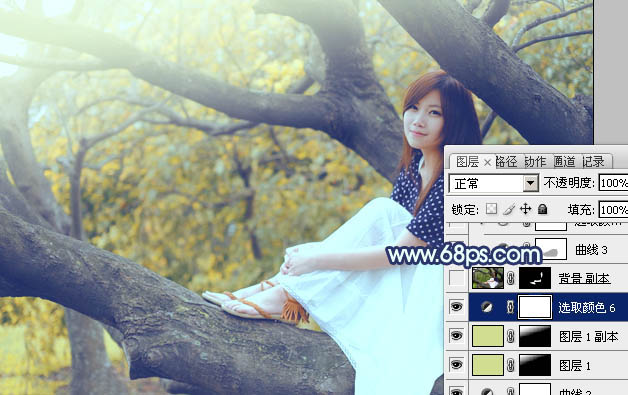Photoshop为坐树枝上的美女调制出小清新的蓝黄色