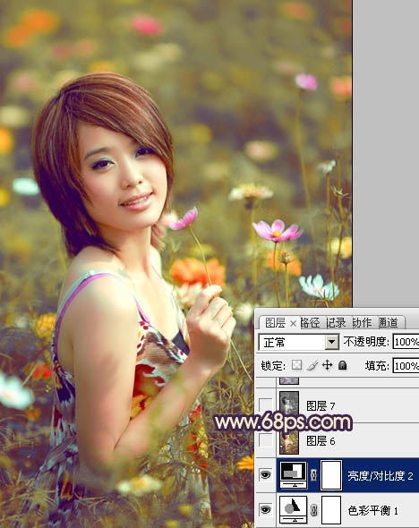 Photosho将花景美女图片调出流行的淡暖色效果