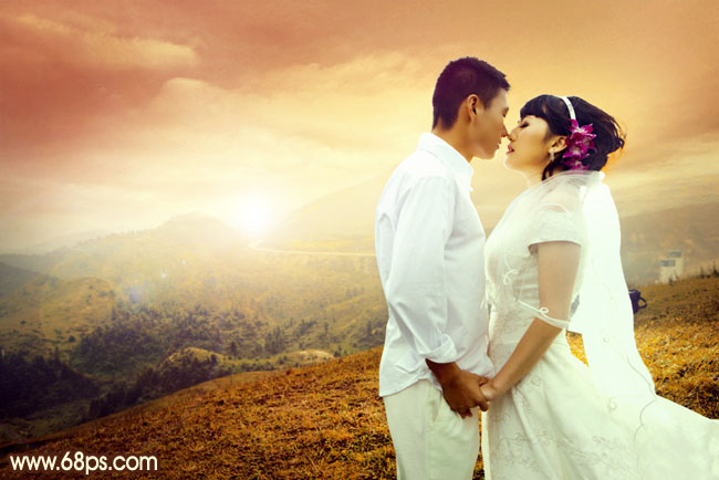Photoshop为山景婚片增加漂亮的霞光色效果
