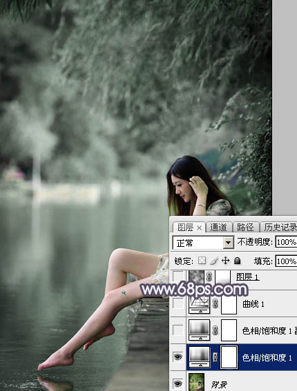 Photoshop将湖景美女图片打造出个性的中性暗蓝色