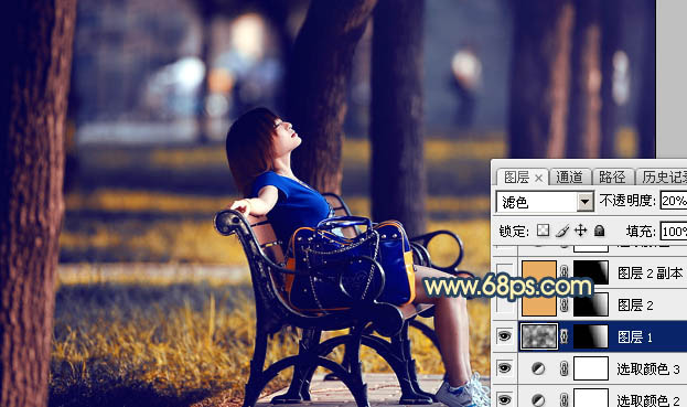 Photoshop为公园长椅上的美女调制出唯美的晨曦暖色