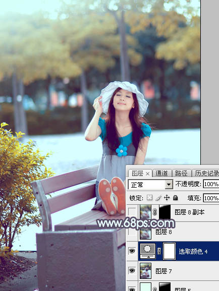 Photoshop给公园长凳上的美女调制出秋季蓝黄色