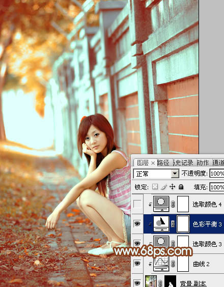 Photoshop将围墙边的美女增加甜美的橙红色效果