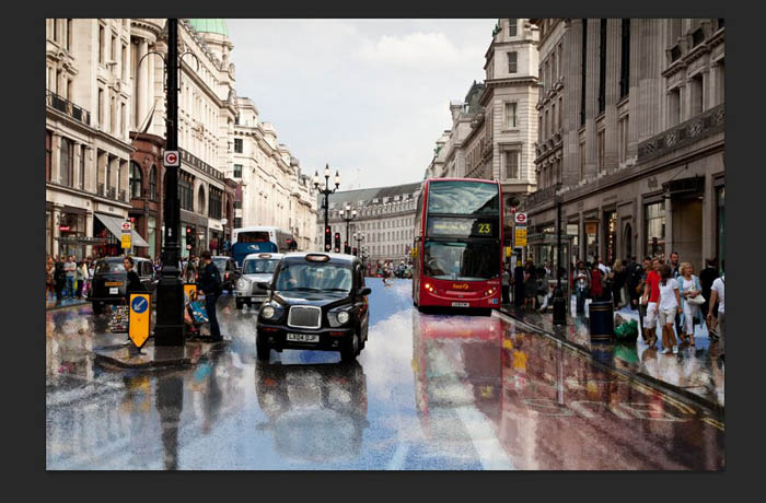 Photoshop将街道图片调出雨水湿润的路面