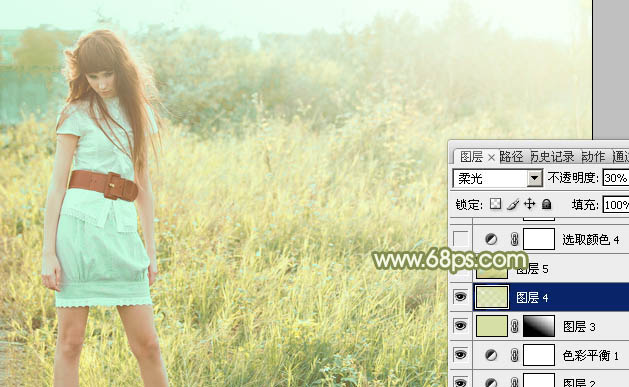 Photoshop将草地人物图片增加淡美清新的青黄色