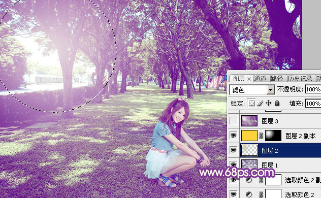 Photoshop为树林下草中的美女调制出淡美的黄紫色