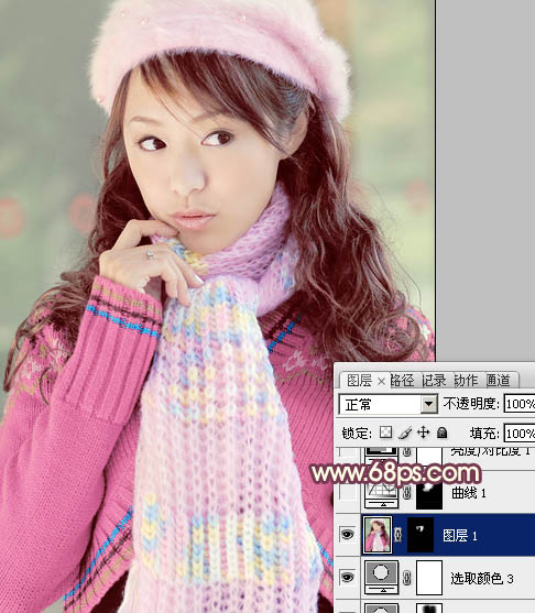 Photoshop将冬季美女图片加上淡紫蜜糖色效果