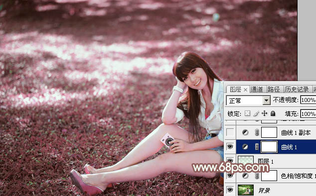 Photoshop打造唯美的粉红色草地美女图片