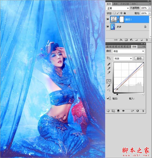 Photoshop为室内古装美女增加梦幻的海底蓝色调