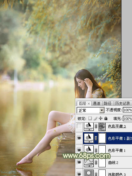Photoshop调制出非常柔美的黄青色湖景美女图片