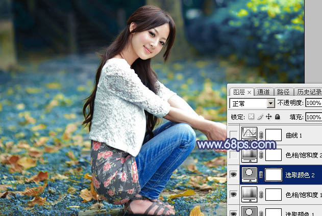 Photoshop将外景美女图片打造出甜美的深秋暗蓝色效果