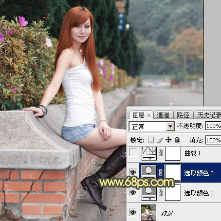 Photoshop为路边的美女加上暗调青黄色霞光色